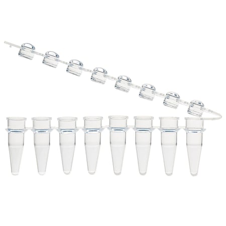 Globe Scientific 0.2mL 8-Strip Tubes, with Hinged Attached 8-Strip clear Dome caps, Natural, 125PK PCR-STR-02D-ZIP